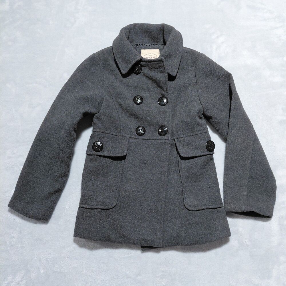 Roebuck and Co Kids Dark Gray Double-Breasted Classic Pea Coat Size S (4) EUC